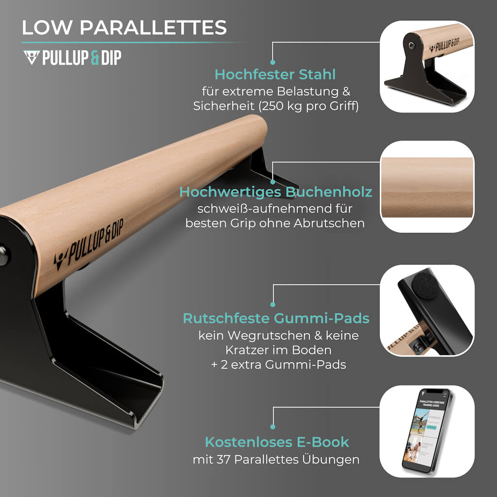 [B-Ware] Holz Parallettes mit ergonomischem Holzgriff und Blech Füßen, low oder medium Ausführung