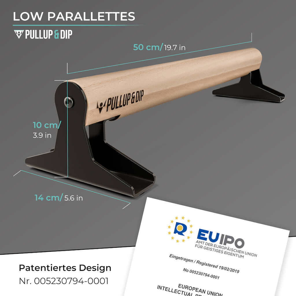 Hochwertige Holz Parallettes mit ergonomischem Holzgriff und Blech Füßen, low oder medium Ausführung