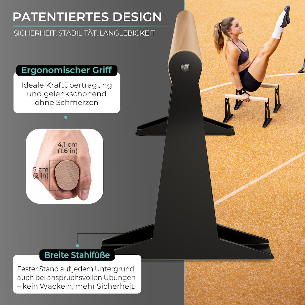 [B-Ware] Holz Parallettes mit ergonomischem Holzgriff und Blech Füßen, low oder medium Ausführung