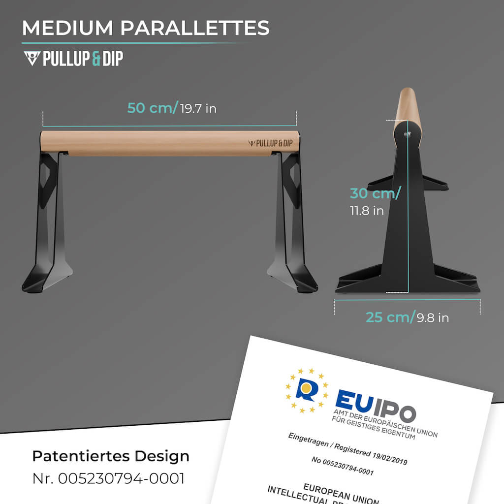 Hochwertige Holz Parallettes mit ergonomischem Holzgriff und Blech Füßen, low oder medium Ausführung