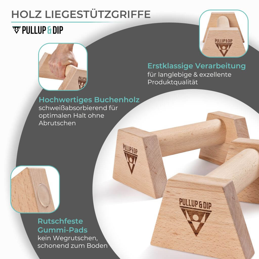 Holz Liegestützgriffe mit ergonomischem Griff inkl. Wrist Wraps